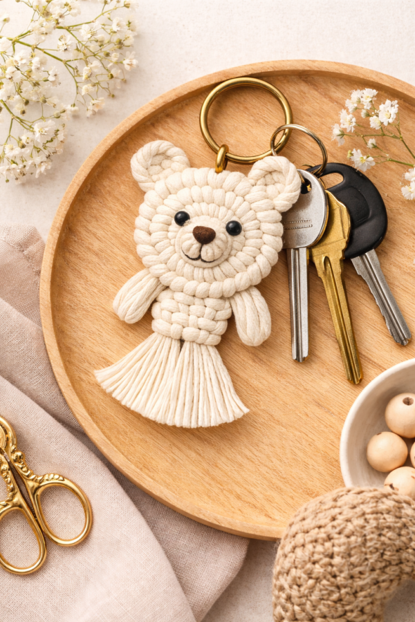 macrame bear keychain handmade cotton rope