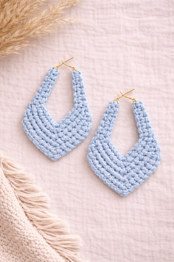 Ligh blue handmade macrame statement earrings
