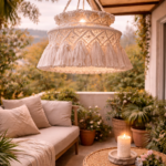 Handmade macrame hanging lamp in charcoal color for boho balcony decor