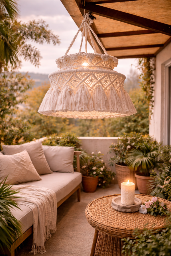 Handmade macrame hanging lamp in charcoal color for boho balcony decor
