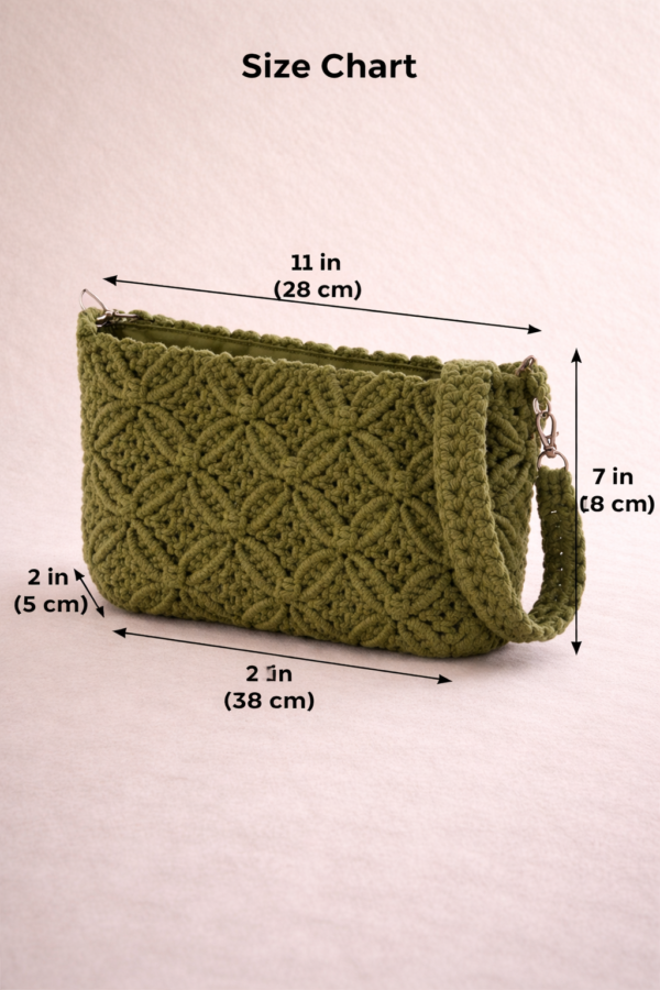 Handmade macrame handbag in green color with intricate cotton knot design placed on wooden table