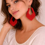 Handmade red macrame statement earrings with gold hooks