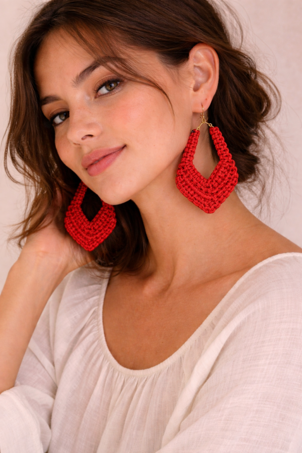 Handmade red macrame statement earrings with gold hooks