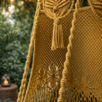 Mustard yellow handmade macrame hanging swing chair for indoor living room