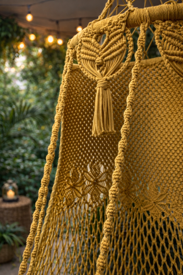 Mustard yellow handmade macrame hanging swing chair for indoor living room