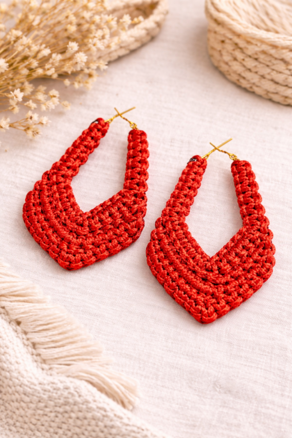 Handmade red macrame statement earrings with gold hooks