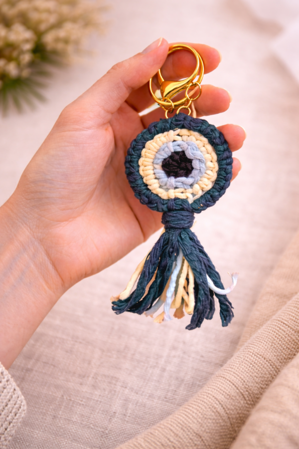 Handmade macrame evil eye keychain