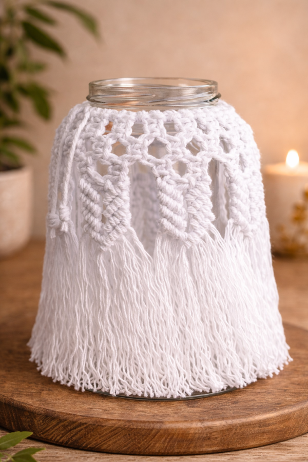white macrame jar cover lantern