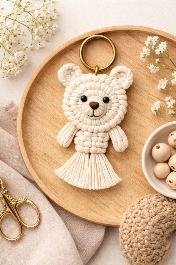 macrame bear keychain handmade cotton rope