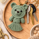 sage green macrame bear keychain