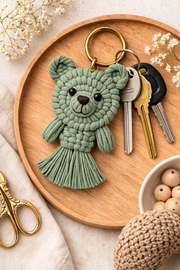 sage green macrame bear keychain