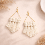 handmade white macrame triangle fringe earrings boho jewellery