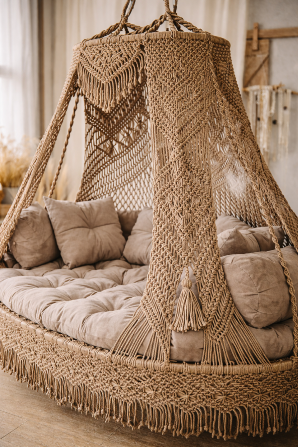 Macramé hanging daybed close-up with intricate cotton rope knots and beige cushions