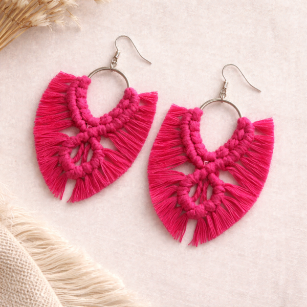 handmade hot pink macrame hoop earrings boho fringe jewelry