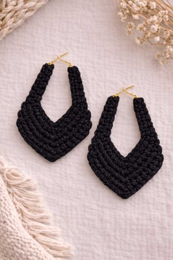 Handmade black macrame statement earrings with gold hooks