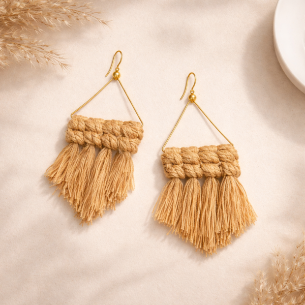 handmade beige macrame triangle fringe earrings boho jewellery