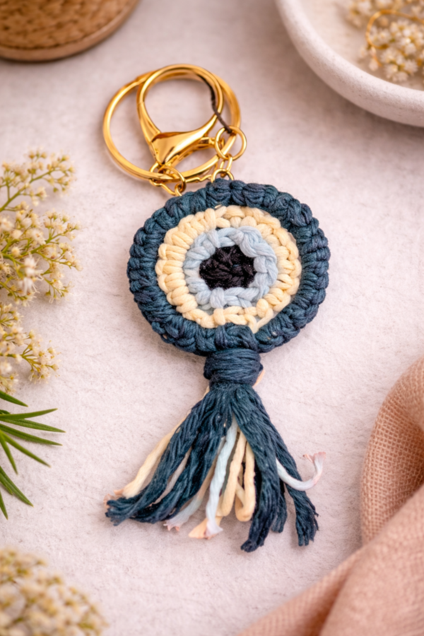 Handmade macrame evil eye keychain