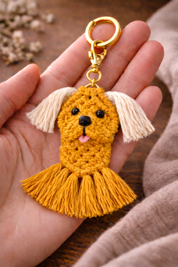 handmade macrame dog keychain mustared