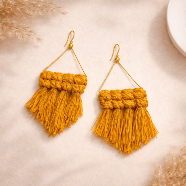 handmade mustared macrame triangle fringe earrings boho jewellery