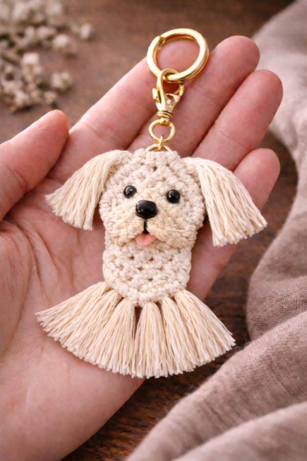 handmade macrame dog keychain off white