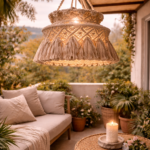 Handmade macrame hanging lamp in charcoal color for boho balcony decor