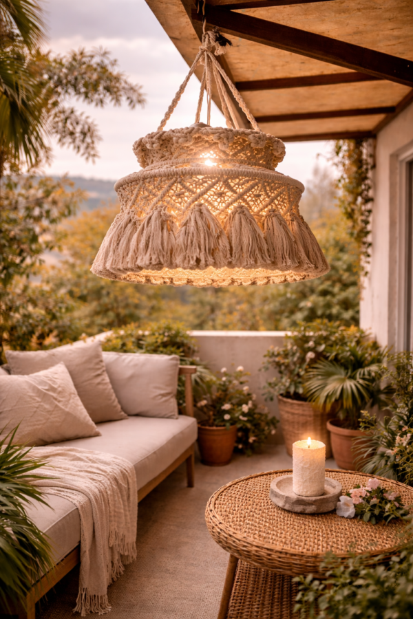 Handmade macrame hanging lamp in charcoal color for boho balcony decor