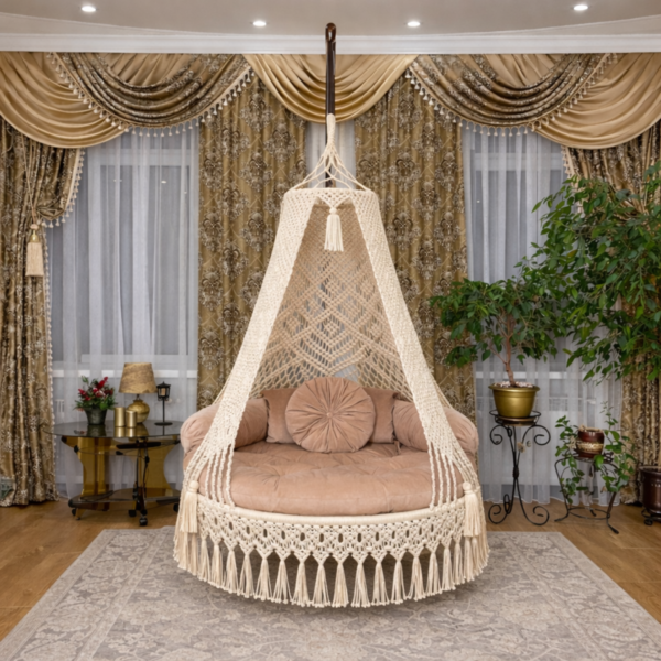 handmade indoor macrame hanging swing with cushion in luxury living room