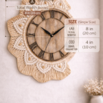 White and beige macrame clock with wooden 8 inch dial on living room wall