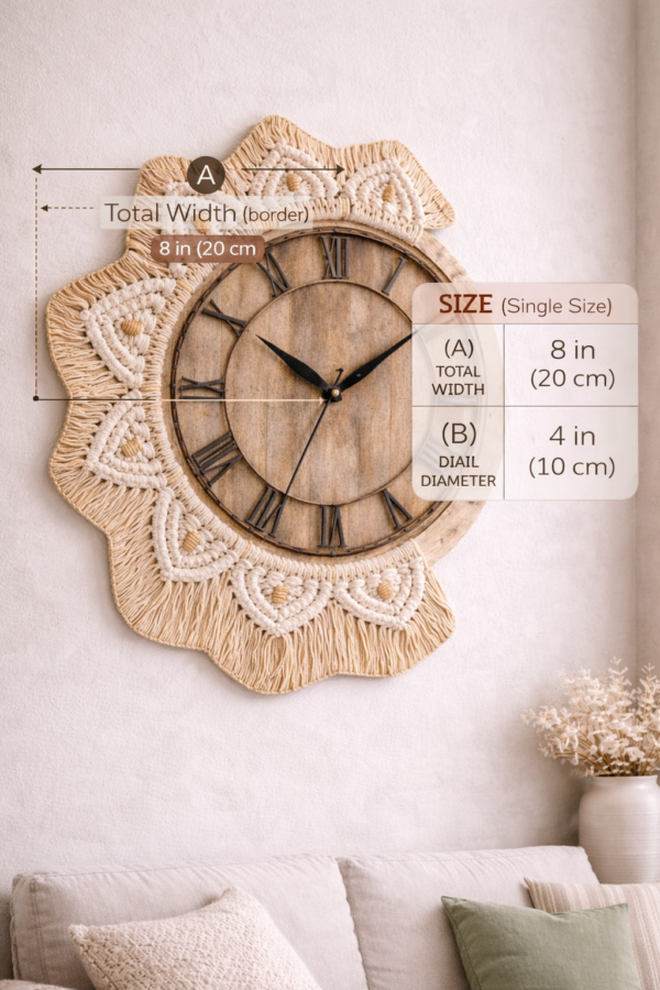 White and beige macrame clock with wooden 8 inch dial on living room wall