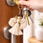 angel keychain opening door with keys