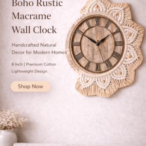 white beige macrame clock with wooden 8 inch dial on living room wall