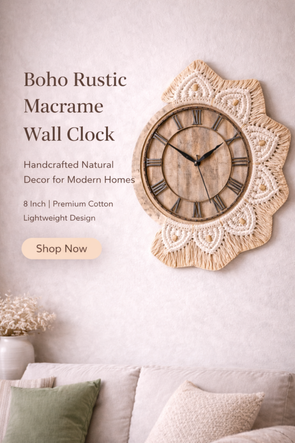 white beige macrame clock with wooden 8 inch dial on living room wall