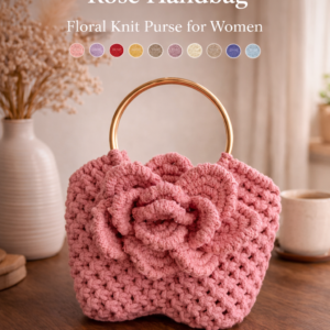 pink handmade floral macrame bag with metal handle