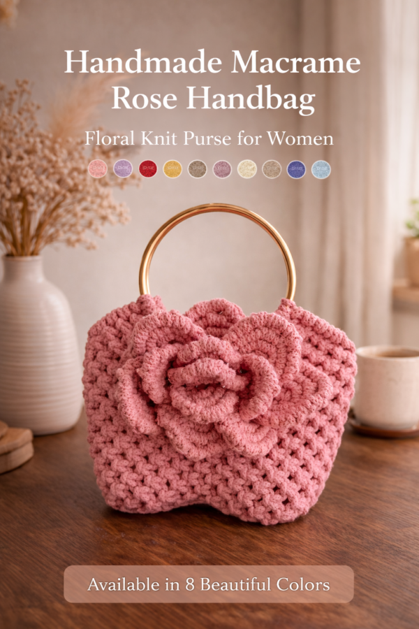 pink handmade floral macrame bag with metal handle