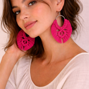 handmade hot pink macrame hoop earrings boho fringe jewelry