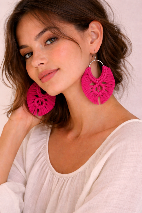 handmade hot pink macrame hoop earrings boho fringe jewelry