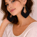 Handmade black macrame statement earrings with gold hooks