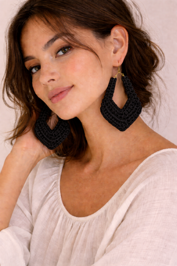 Handmade black macrame statement earrings with gold hooks