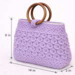 Handmade macrame handbag in lavender color with intricate cotton knot design and wooden handles in a lifestyle setting