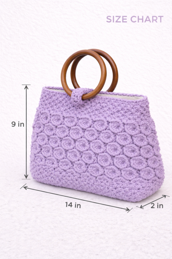 Handmade macrame handbag in lavender color with intricate cotton knot design and wooden handles in a lifestyle setting