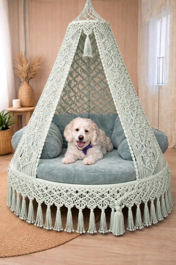 Macrame hanging swing with cushion in boho style home décor
