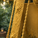 Mustard yellow handmade macrame hanging swing chair for indoor living room