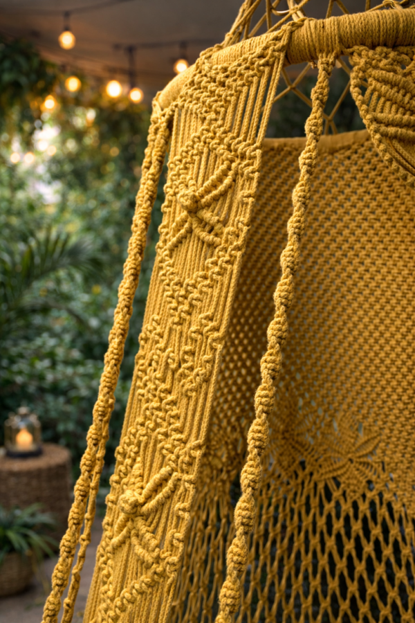 Mustard yellow handmade macrame hanging swing chair for indoor living room