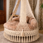 handmade indoor macrame hanging swing with cushion in luxury living room