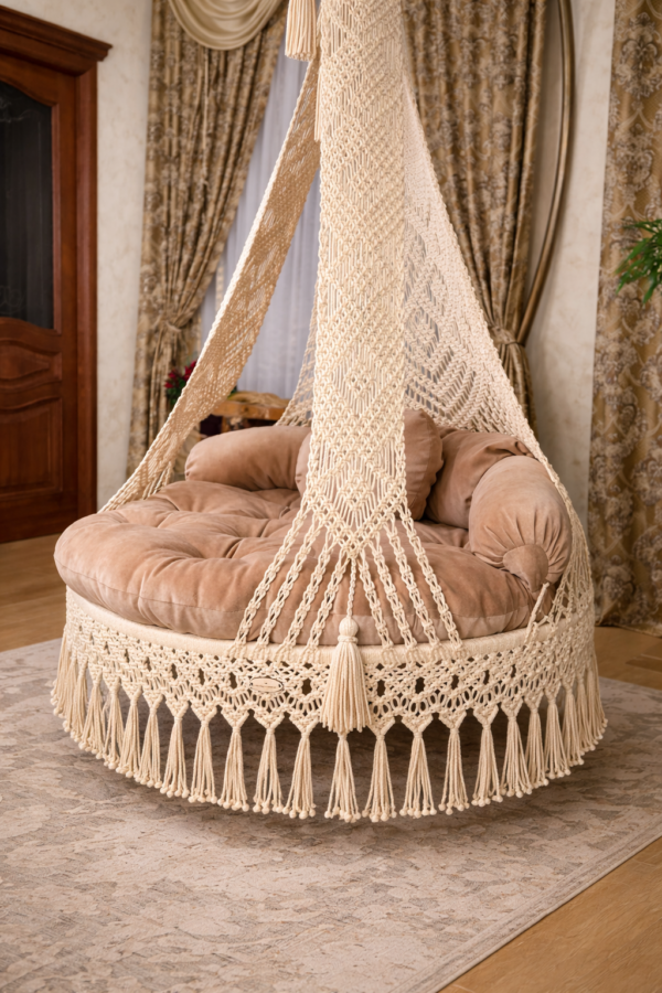 handmade indoor macrame hanging swing with cushion in luxury living room