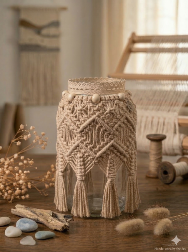 beige macrame candle jar decor