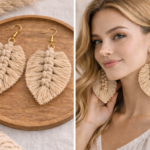 Beige macrame feather boho earrings