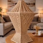beige macrame lantern with warm light
