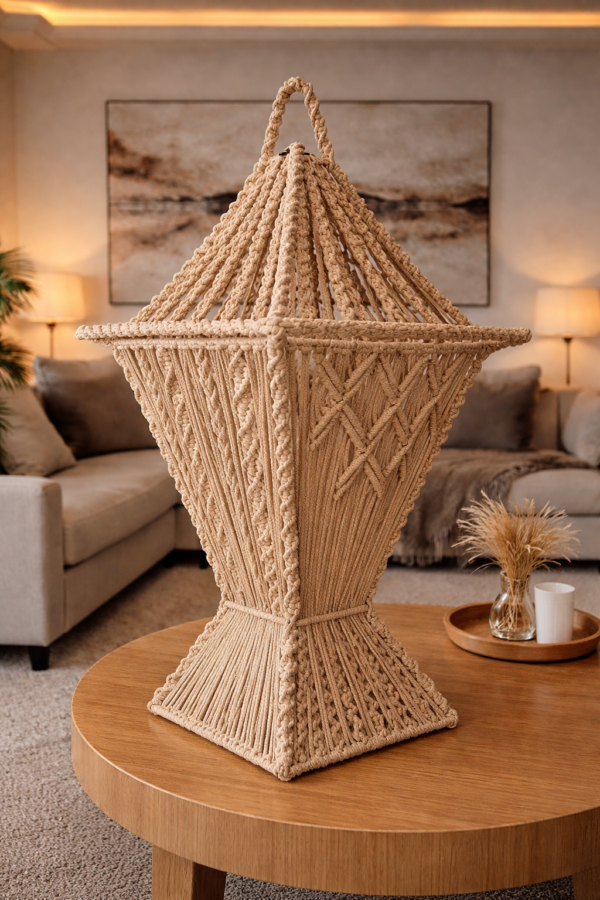 beige macrame lantern with warm light