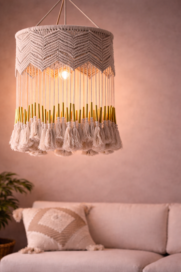 Handwoven cotton ceiling lamp with tassel design